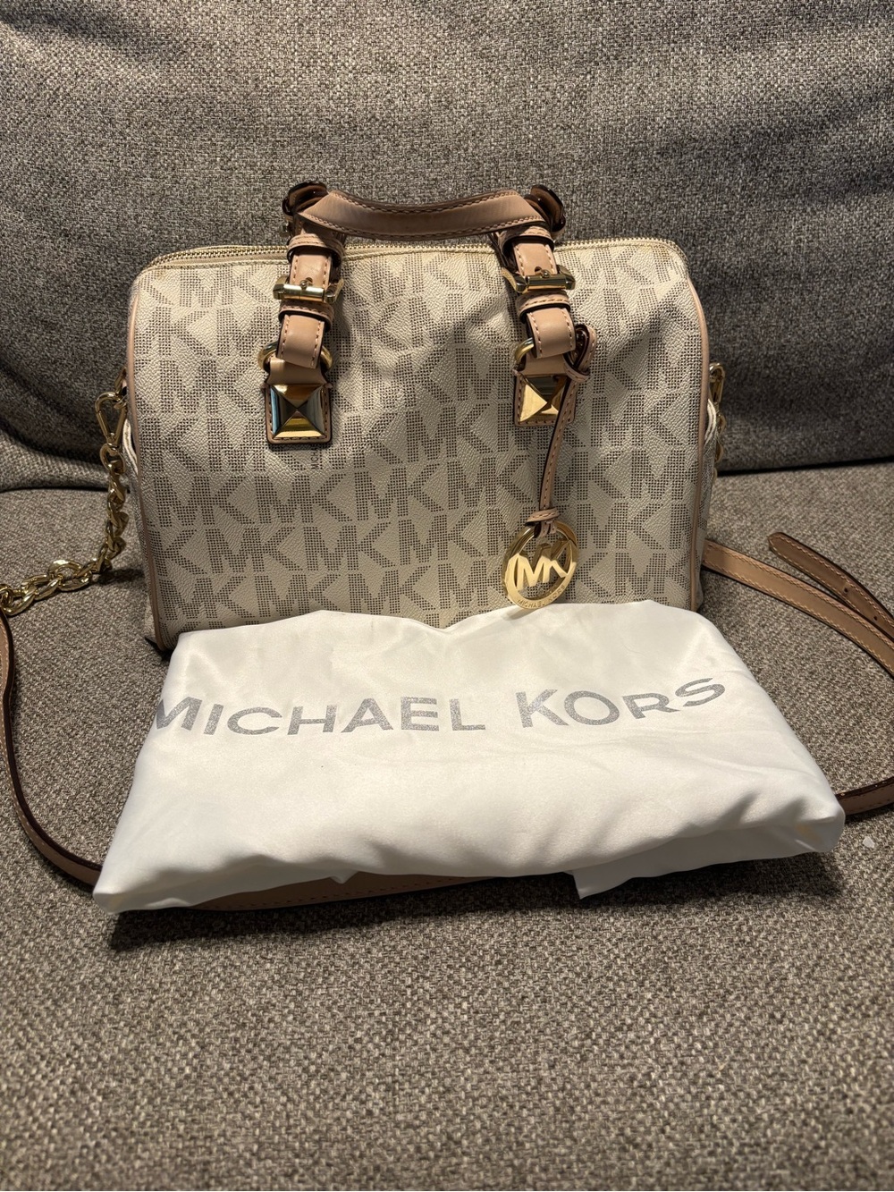 Michael Kors Beige and Tan MK Monogram Dome Satchel